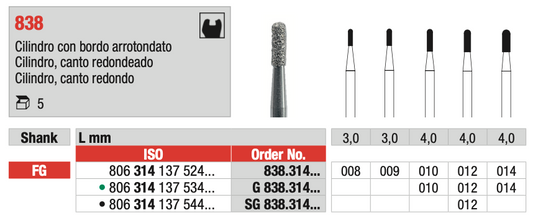 Rounded Cylindrical Diamond Drill (838) | EDENTA