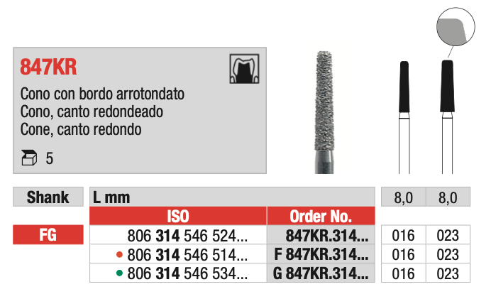 Taladro de diamante cónico de esquina redonda (847KR) | EDENTA