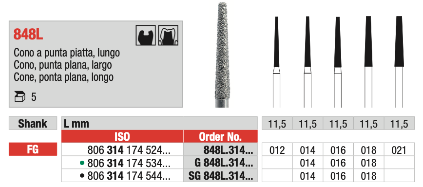 Long Flat Tip Cone Diamond Drill (848L) | EDENTA