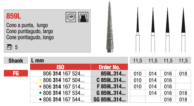 Pointed Cone Diamond Drill, Long (859L) | EDENTA