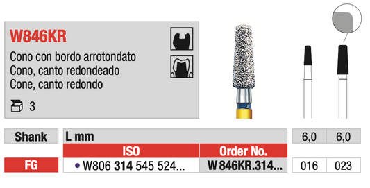 Round Corner Cone Diamond Drill (W846KR) | EDENTA